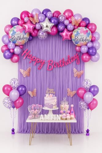 Image of AMFIN (Pack of 43) Butterfly Theme Birthday Decoration Kit Metallic Finish Women Girls Item Purple Rainbow Flower