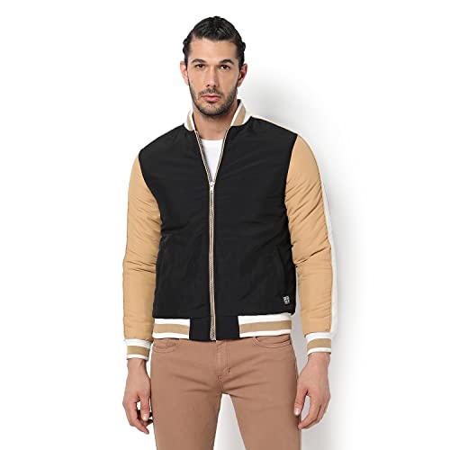 Image of Campus Sutra Men's Tan & Black Colour-Blocked Puffer Regular Fit Bomber Jacket For Winter Wear | Low-Cut Standing Collar | Full Sleeve | Zipper | Casual Jacket For Man | Western Stylish Jacket For Men