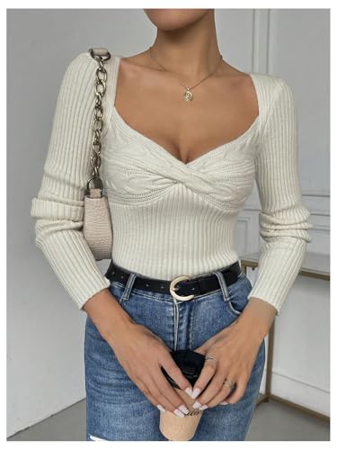 MakeMeChic Women's Sweetheart Twist Long Sleeve Sweater Cable Knit Fitted Pullover Top3