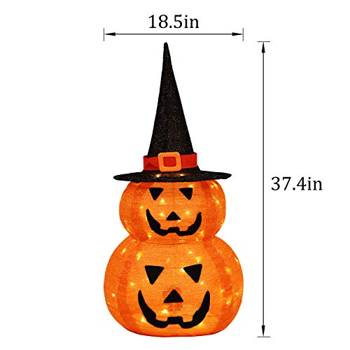 UpdateClassic Lighted Halloween Stacked Pumpkins with Witch Hat, Sturdy Bracket with Built-in LED Lights, Perfect Night Light Halloween Decoration for Indoor Outdoor Living Room Yard Patio
