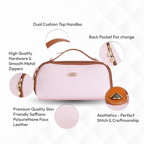 Image of SHOPPOFOBIX Makeup Pouch for Women, Litchi PU Leather Makeup Pouch for Women, Large Capacity Cosmetic Travel Bag, Portable Makeup Kit Storage Bag with Handle and Two Divider (Pink)