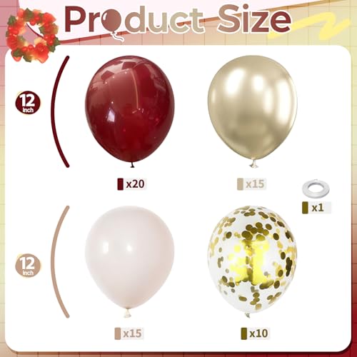 Image of Burgundy and Gold Balloons, 60Pcs Burgundy Maroon Wine Dark Red White Metallic Gold Nude Balloons with Confetti Balloons for Girls Birthday Graduation Bridal Shower Wedding Party Decorations Supplies