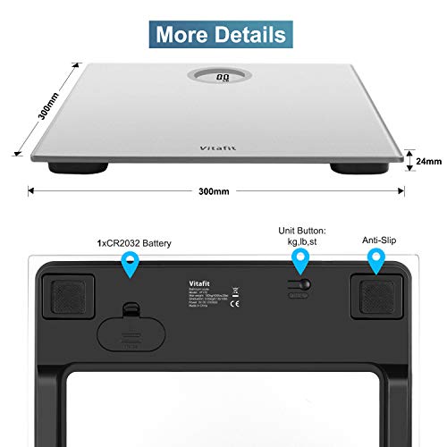 Vitafit Digital Body Weight Bathroom Scale Weighing Scale with Step-On Technology, LCD Display(400lb),Batteries Included, Elegant Silver
