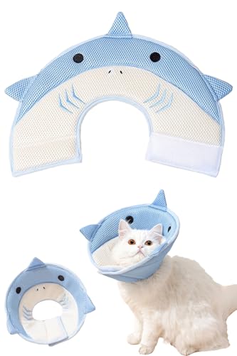 フェザーストア エリザベスカラー 犬 猫 軽量 通気性 ケガ 介護 傷舐め防止 引っ掻き防止 猫用 小型犬用 軽量 ソフト 術後ケア 手洗い洗濯 柔らかい 可愛い (青サメ, M)