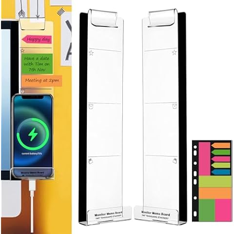 Monitor Memo Boards for Computer, Set of 2 (Left & Right) Multifunction Acrylic Screen Message Reminder Pad Side Panels Phone Holder - Utility Organizer for Office Desktop, Gift of 1 Pack Sticky Notes Cover