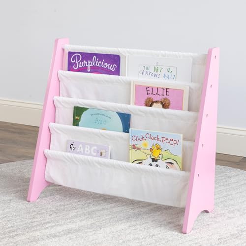 Image of Humble Crew Kids Bookshelf, 4-Tier Front-Facing Book Display Organizer, Montessori Toddler Bookcase for Playroom, Bedroom & Reading Corner, Pink /White