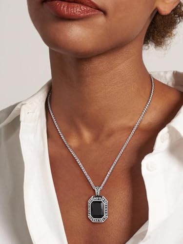 Image of ChainsHouse Viking Rune Pendant Necklace for Men Women, Punk Biker Black Metal /316L Stainless Steel Onyx Norse Vintage Amulet Necklaces with Black /Red /Green /Blue Gemstone, Send Gift Box