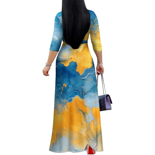 Image of PinkPatty Women's Print Maxi Dresses 3 /4 Sleeve Flowy Long Dress V Neck Wrap Tie Waist Sundress