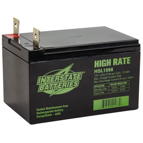 Interstate Batteries High Rate 12V 12AH Battery (Nut & Bolt Terminal) SLA AGM VRLA Rechargeable Replacement for Lawn & Garden (HSL1098)