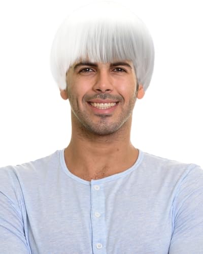 Short Mushroom Wig for Men-Synthetic 60s Bowl Cut Wigs for Anime Movie Music Costume Halloween Cosplay Party (White)