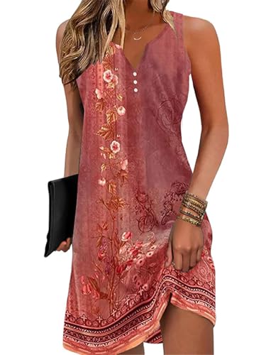 Image of Disamer Womens Summer Dress 2026 Casual Button Down V Neck Sleeveless Boho Floral Beach Sundresses Vacation A-Line Dresses