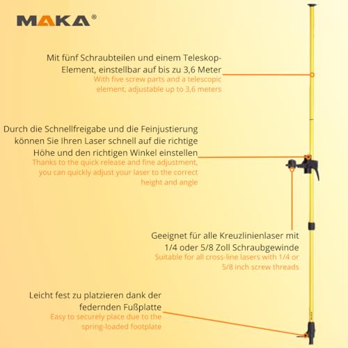 MAKA Teleskopstange - Einstellbar von 80-360 cm - 1/4 & 5/8 Zoll mit Schnellverschluss und Feineinstellung - Schnelle und flexible Positionierung