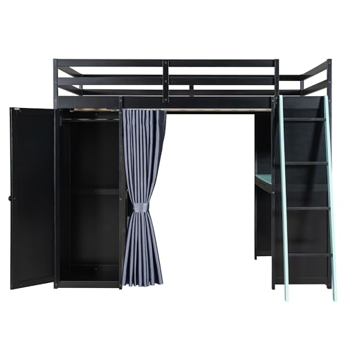 Image of Full Gaming Loft Bed with Wardrobe & Desk & Charging Station & RGB Light,Esports Wood Loft Bed Frame with Storage Shelves,Curtains and DIY Pegboard,Space Saving,No Box Spring Needed,Black Blue