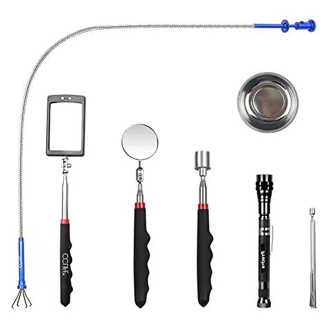 Magnetic Pickup Tool, Including 15 lb/1 lb/8 lb with LED Light/Round/Square Inspection Mirror/Telescoping Handle 360° Swivel for Extra Viewing Pickup Dead Angle Cover