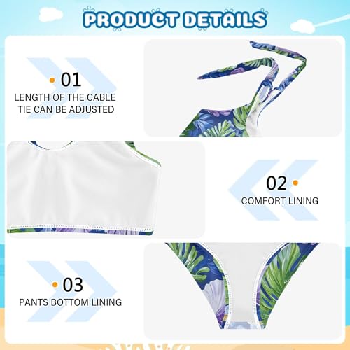 JUNZAN Dark Color Shell Art Tropical Leaves Girl Bathing Suits High Waisted 2 Piece Swimwear Youth Girls Tankini Swimsuit 3T3