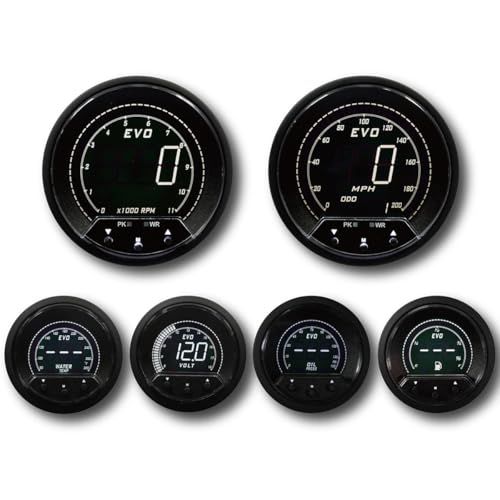 Image of EVO Series GPS Digital 6 Gauge Set Blue Red White Green | GPS Sensor Signal, 3-3 /8 inch, 85mm, Speedometer, Tachometer, 2-1 /16 inch, 52mm, Volt, Fuel Level ,Water Temp, Oil Pressure, Car