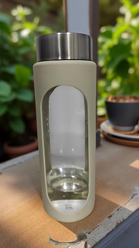 Image of Glassbunny Glass Drinking Bottle with Leakproof Stainless Steel Cap and Cover, Reusable Juice Bottles Beverage Drinkware, to Go Travel Bottles for Drink 750ML