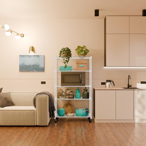 Image of 5-Shelves Wheels Heavy Duty Steel Storage Rack | Multipurpose Shelving Unit for Kitchen, Home & Utility