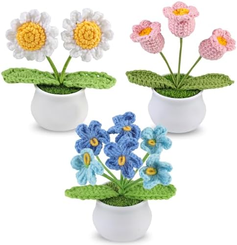 3pcs Crochet Flowers Pot, Cute Handmade Crochet Flower Desk Decor...