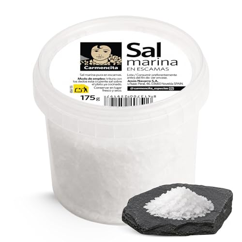 Sal Marina Escamas 100% natural Carmencita, Formato Tarrina PET, Apta para realzar tus platos, sazonar carnes, pescados y verduras, especialmente a la parrilla, Sin Gluten, Contiene 1 unidad de 175 g