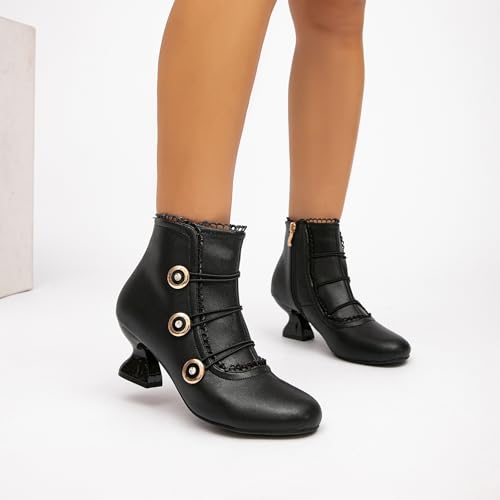 getmorebeauty Women's Ankle Boots Low Heels Lace Buttons Round Toe Side Zipper Vintage Short Boots Autumn Winter4