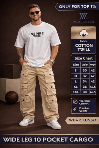 Image of Wear lusso 10 Pocket Cargo Pants for Men | Cotton Twill Fabric | Regular Fit Utility Cargo Trousers | Casual Streetwear Bottomwear