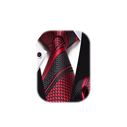 HISDERN Red Black Silk Ties for Men Stripe Mens Ties Handkerchief Cufflinks Set Formal Business Necktie Wedding Party
