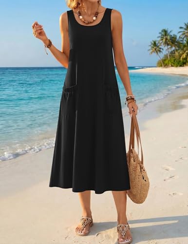 Image of Zeagoo Womens Summer Midi Dresses 2026 Casual Sleeveless Tank Sundresses A Line Crewneck Beach Vacation Dress with Pockets