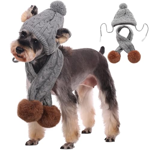 Kuoser Dog Winter Hat & Scarf Set, Knitted Hat Pet Christmas Winter Warm Caps Cute Accessories Neck Ear Warmer Hood Warm Scarf Party Decoration for Cat and Dog Grey