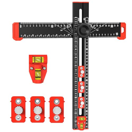 KINDLUME Équerre Menuisier et Trusquin 4-en-1, 350mm Règle en T Réglable avec Niveau à Bulle, Gabarit de Percage pour Installation Precise de Porte...