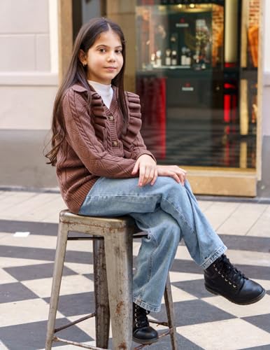 Image of Arshiner Girls Cardigan Sweaters Ruffle School Uniform Sweater V Neck Button Front Outerwear 4-13 Years