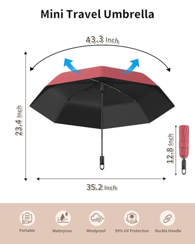 Image of ANYCHO Umbrella for Women 3 Fold with Carabiner Handle - Small Size for UV Protection & Rain - Automatic Pocket Umbrella for Men, Women and Kids