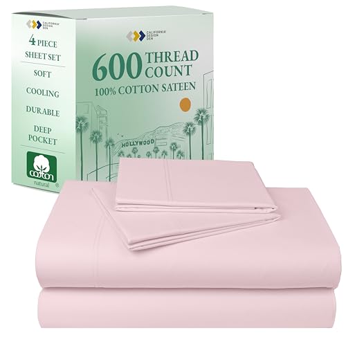 California Design Den Luxury King Size Sheet Set - 100% Cotton, 600 Thread Count Deep Pocket King Sheets, Hotel-Quality Bedding with Sateen Weave - Blush Pink