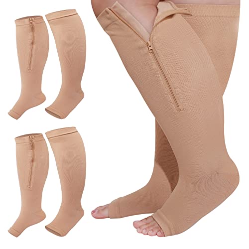 Image of Hillban 2 Pair 15 - 25 Mmhg Wide Plus Size Calf Zipper up Compression Socks for Women Men(3 XL,Nude)