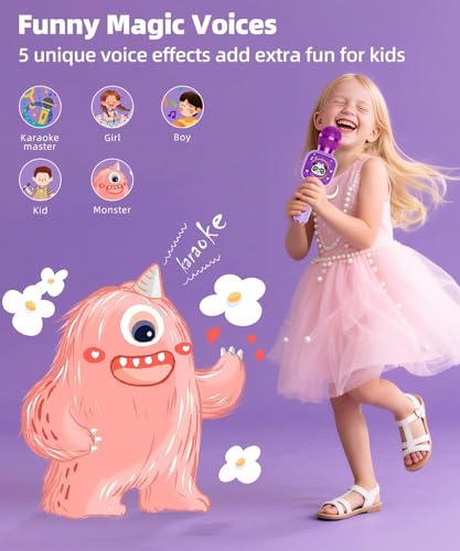 Image of ShinePick Karaoke Mic with Speaker for Kids & Adults, Wireless Bluetooth Microphone for Singing, 5 Magic Voice Changer, RGB Lights, Portable Mike Gift,1200mAh Battery, Type-C Charging (Purple)