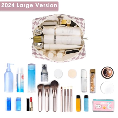 Large Makeup Bag Zipper Pouch Travel Cosmetic Organizer for Women (Pink Checkerboard, Large), Z-pink Checkerboard - Image 2