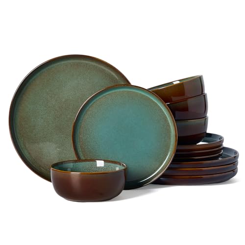Image of Famiware Milkyway Stoneware Dinnerware Set, 12-Piece, Double Reactive Glaze, Plates and Bowls, Service for 4, Microwave and Dishwasher Safe, Scratch-Resistant, Moss Green & Cocoa