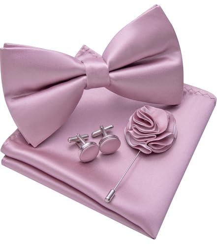 Image of Solid Color Bow Ties for Men Silk Pre-tied Tuxedo Bowtie Set 4PCS | Pre-tied in 3 seconds,adjustable 4PCS bow tie and pocket square cufflinks lapel pin set,wedding,formal,party,prom,graduation
