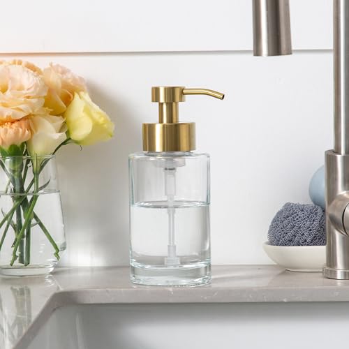Image of Enra Foaming Soap Dispenser, Clear Thick Glass Bottle Gold Pump Bathroom