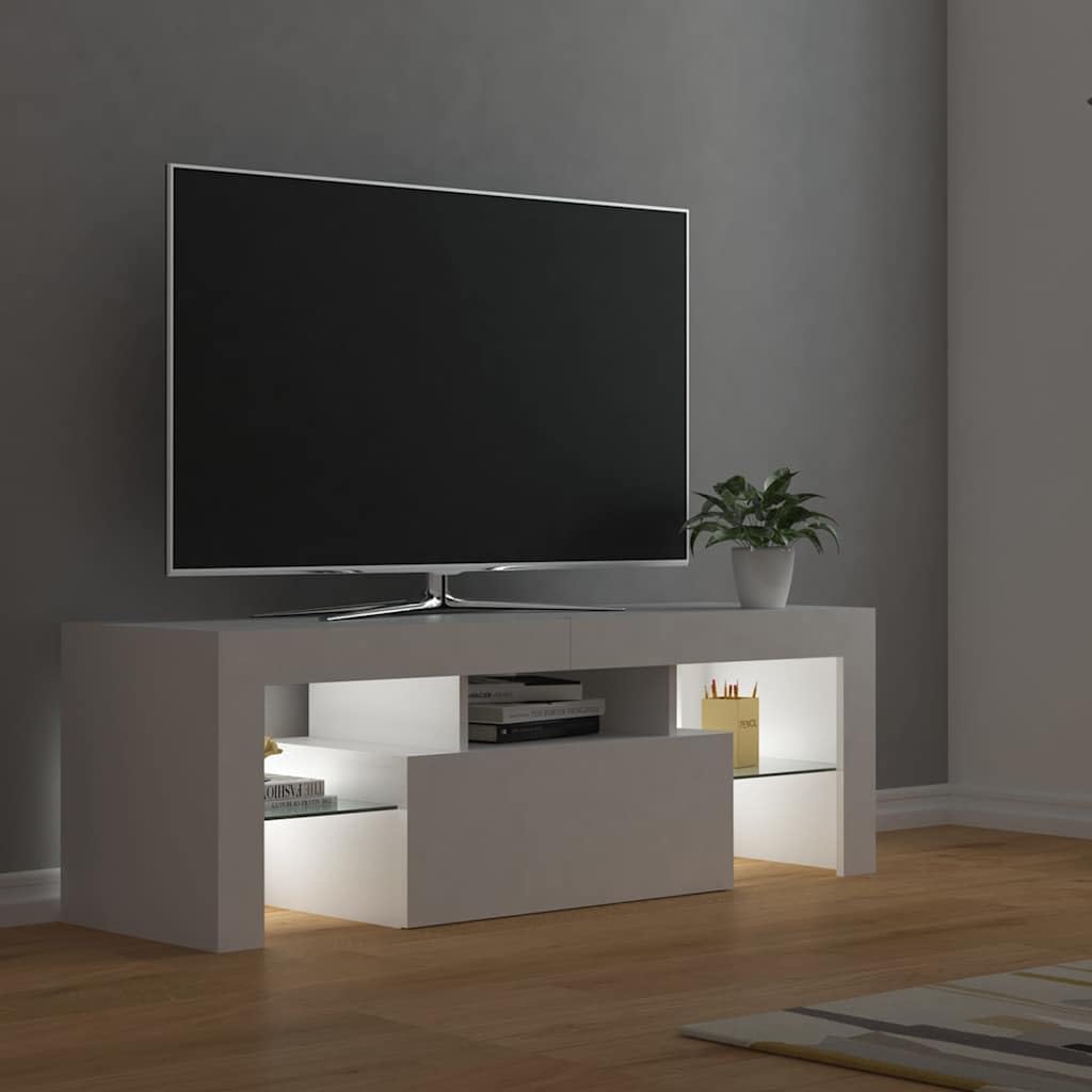 Mueble de TV de Madera con Iluminación LED RGB, Diseño Moderno y Almacenamiento Abierto, Adecuado para Salón y Dormitorio, Color Blanco, 120 x 35 x 40 cm