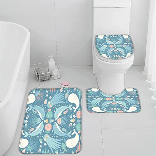 Badezimmerteppich-Set 3Teilig Meereslebewesen rutschfest Waschbar Badematte Badezimmer Weich Mikrofasern WC-Deckelbezug…