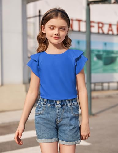 Image of Girls T Shirts Ruffle Short Sleeve Round Neck Loose Blouse Summer Solid Color Casual Girl Tee Tops for 3-12 Years