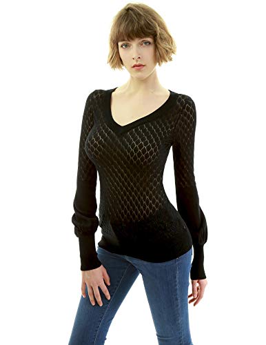 Image of AmelieBoutik Women V Neck Semi Sheer Bishop Sleeve Sweater