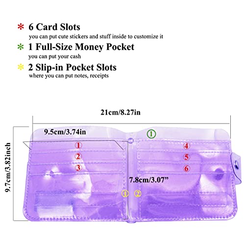 Pack of 2 Clear Bifold Wallet Small Purse, Cute PVC Jelly Wallet ID Card Case Holder with Neck Lanyard for Women Girls, Purple2