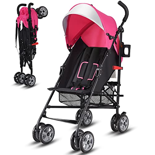BABY JOY Lightweight Stroller, Compact Travel Stroller, Infant Stroller w/Adjustable Backrest & Canopy, Cup Holder, Storage Basket, 5-Point Harness, Easy Fold, Umbrella Stroller for Toddler, Pink