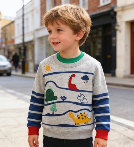 Image of Popshion Toddler Boys Sweatshirts Dinosaur Long Sleeve Pullover Crewneck Shirts Cartoon Tee Sport Tops for Kids 1-8T