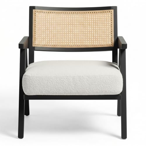 Image of Kingsman Furnitures ABEL Rattan Teak Wood Accent Arm Chair for Home Bedroom, Living, Dining, Drawing Room | Ultra Soft and Comfortable for Stress Free | Removable Cushion (Natural Cane- Boucle)