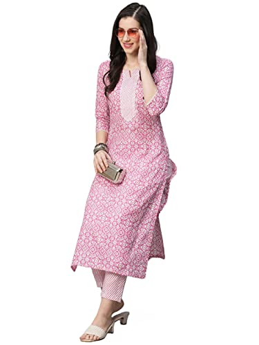 Image of GoSriKi Women's Cotton Blend Printed Straight Kurta With Pant