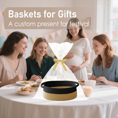 Image of JMvicyroam Small Woven Basket, Empty Gift Basket, Black&Jute /3 Pack | Small Gift Basket, Cotton Rope, 12 x 8 x 83 in, Handles, Includes Ribbon and Bag, Birthday Gift Basket