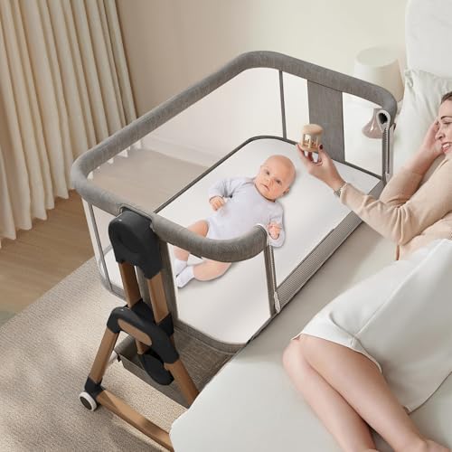 4 in 1 Portable Baby Crib Baby Bassinet Bedside Crib Bedside Sleeper 6 Height Adjustable Rocking Bassinet with Comfy Mattress and Wheels Full-Mesh Sides Crib for Newborns